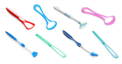 Image of Set with different tongue scrapers on white background. Dental care 
