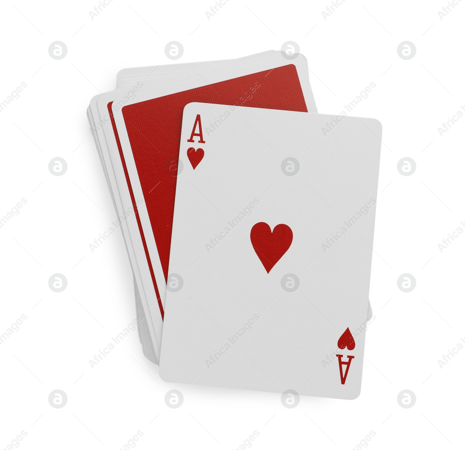 Photo of Deck of playing cards on white background, top view