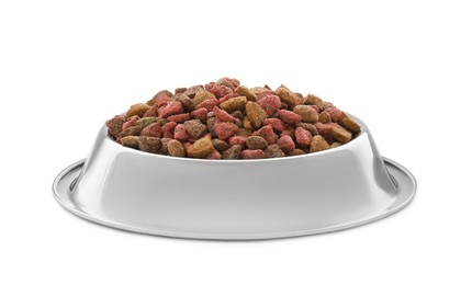 Dry food in pet bowl isolated on white