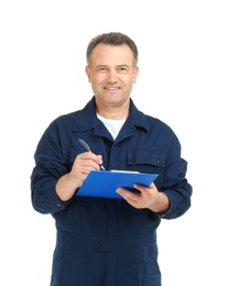 Mature plumber with clipboard on white background