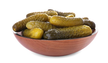 Bowl of tasty pickled cucumbers isolated on white