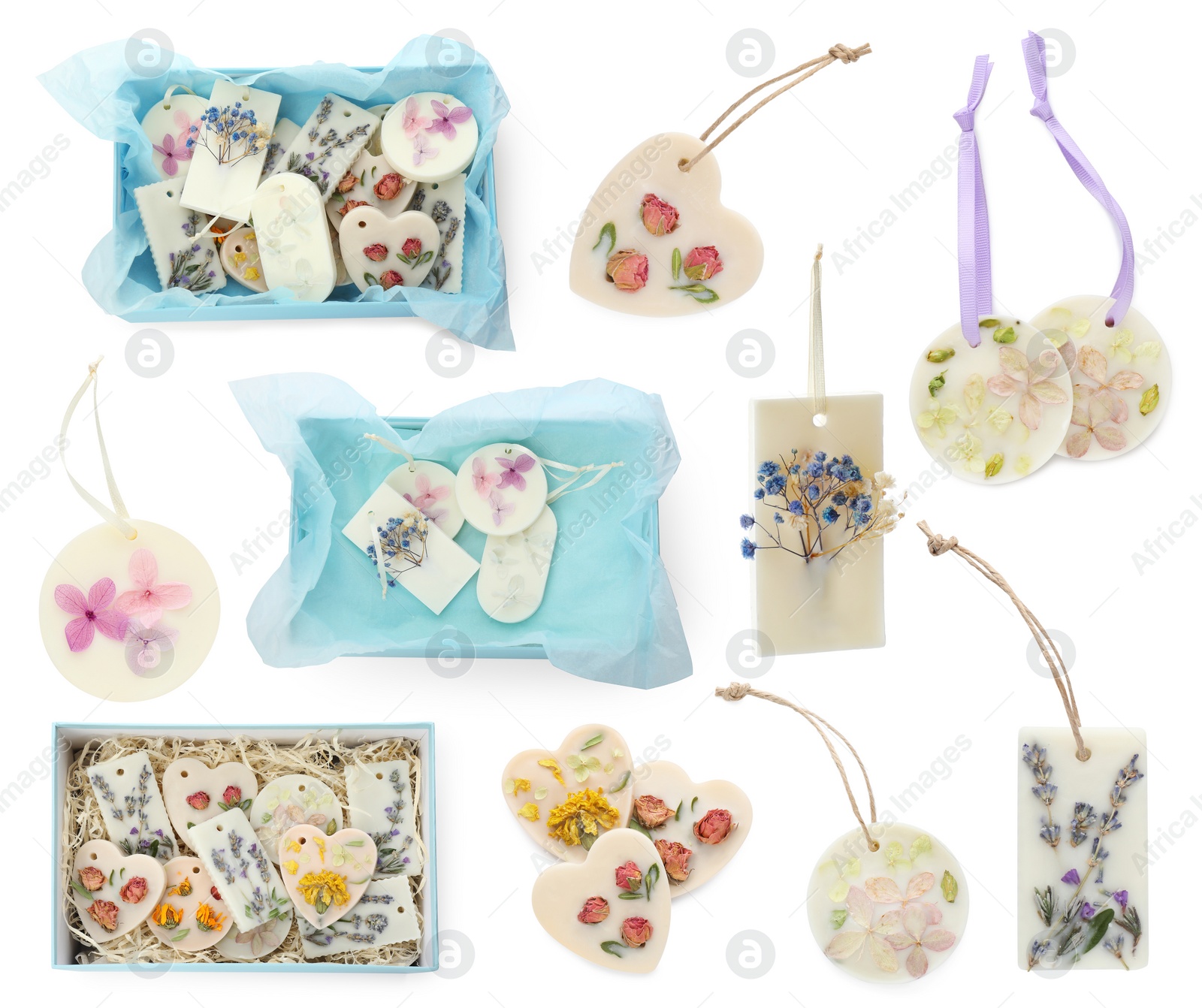 Image of Beautiful scented sachets with dried flowers on white background, top view. Collage