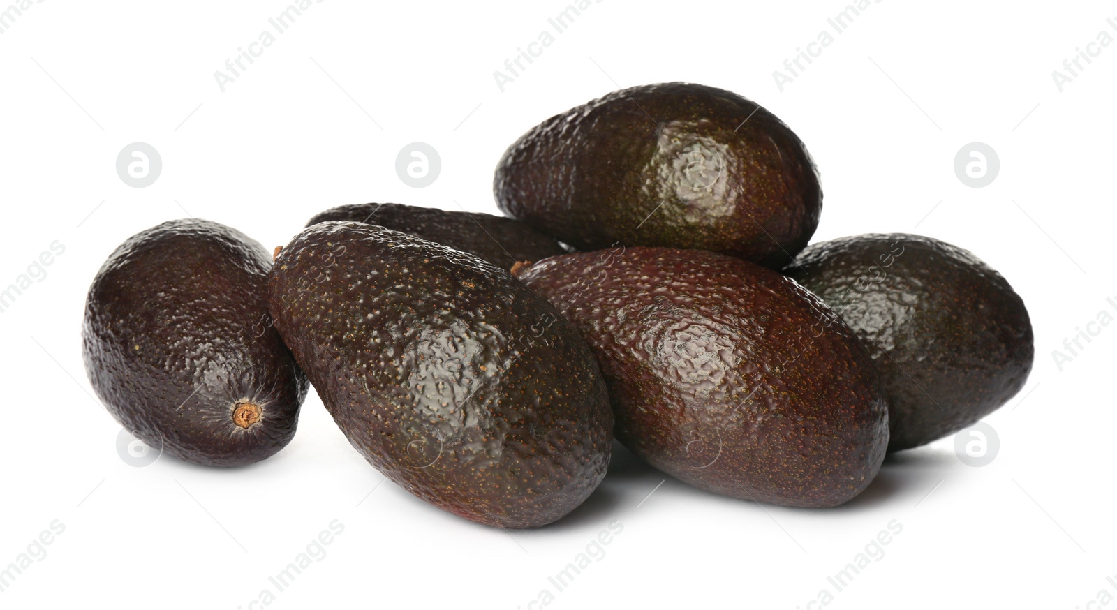 Photo of Whole fresh ripe avocadoes on white background