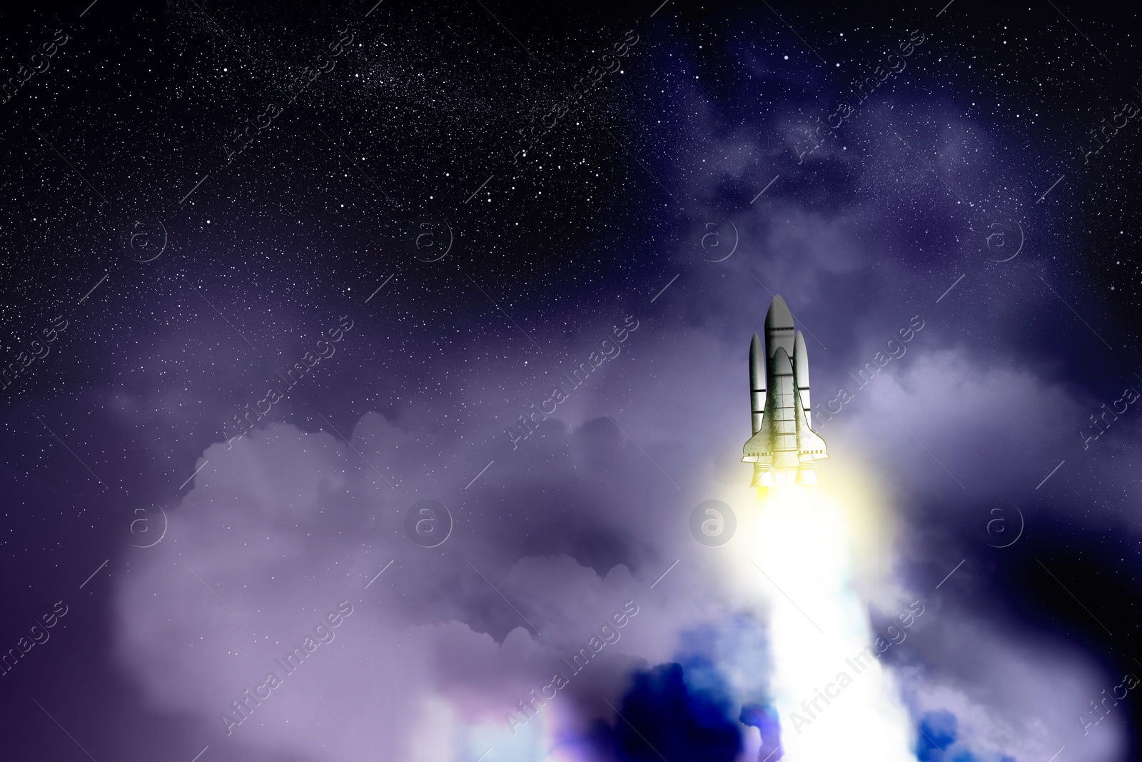 Image of Launched rocket in flight, night starry sky background. Space mission