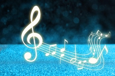 Image of Music notes on dark background over glitter, bokeh effect