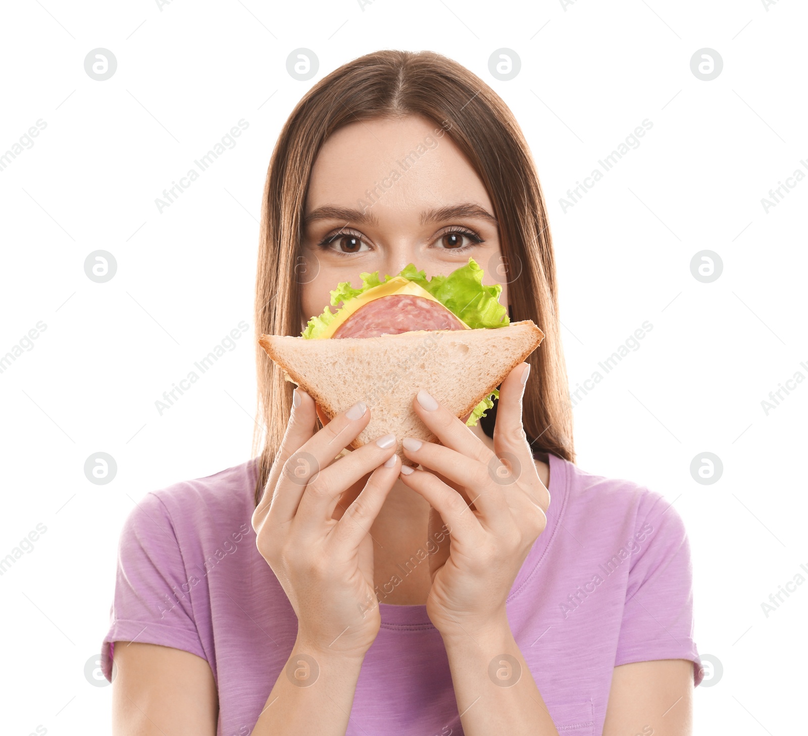 Photo of Young woman with tasty sandwich on white background