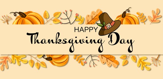 Illustration of Thanksgiving day card design, banner style. Text with hat surrounded by autumn leaves and pumpkins on beige background, illustration