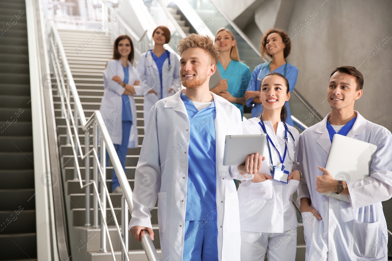 Photo of Group of medical students in college hallway