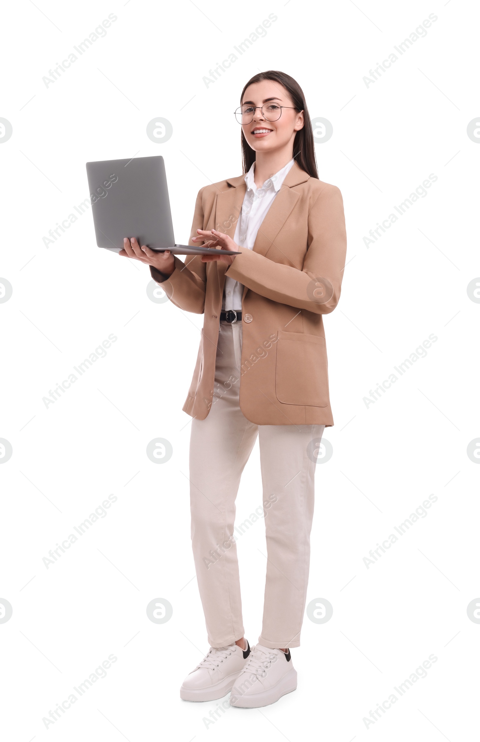 Photo of Beautiful businesswoman using laptop on white background