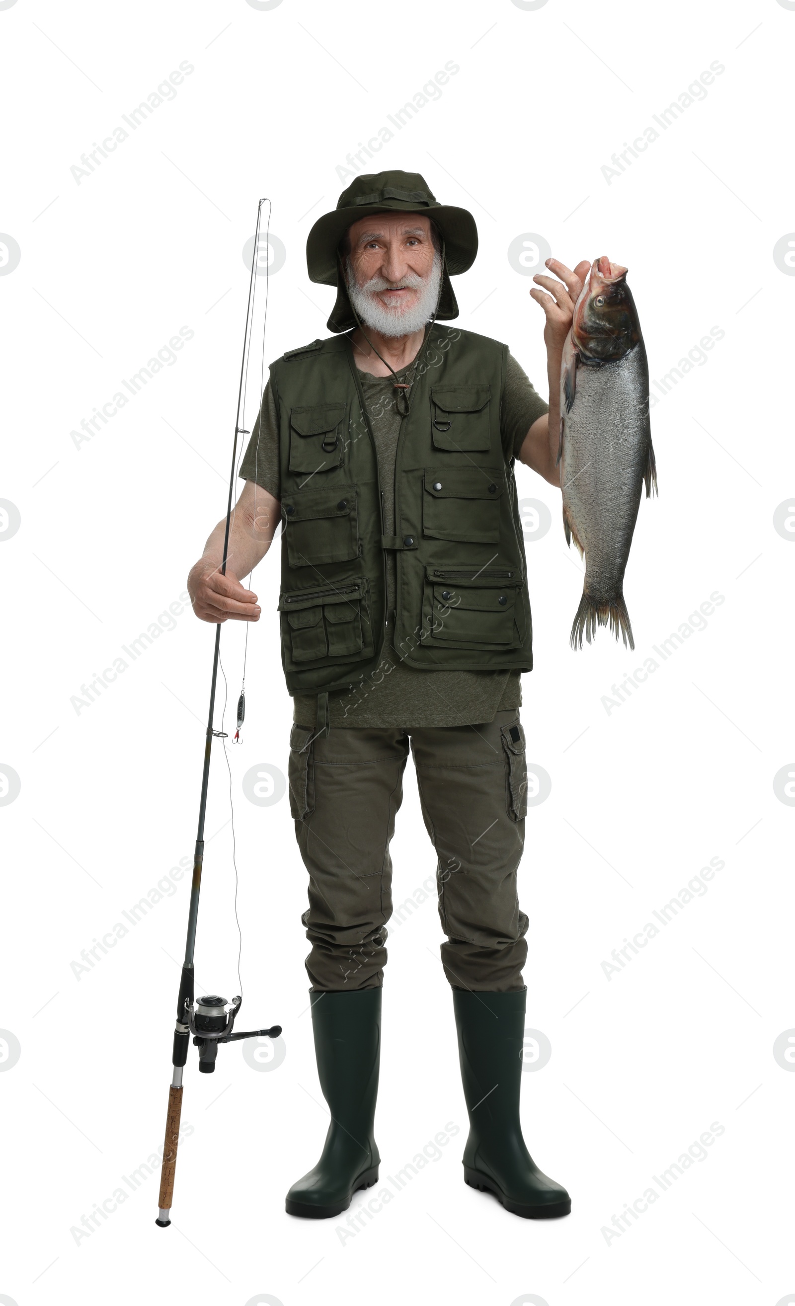 Photo of Fisherman with rod and catch isolated on white