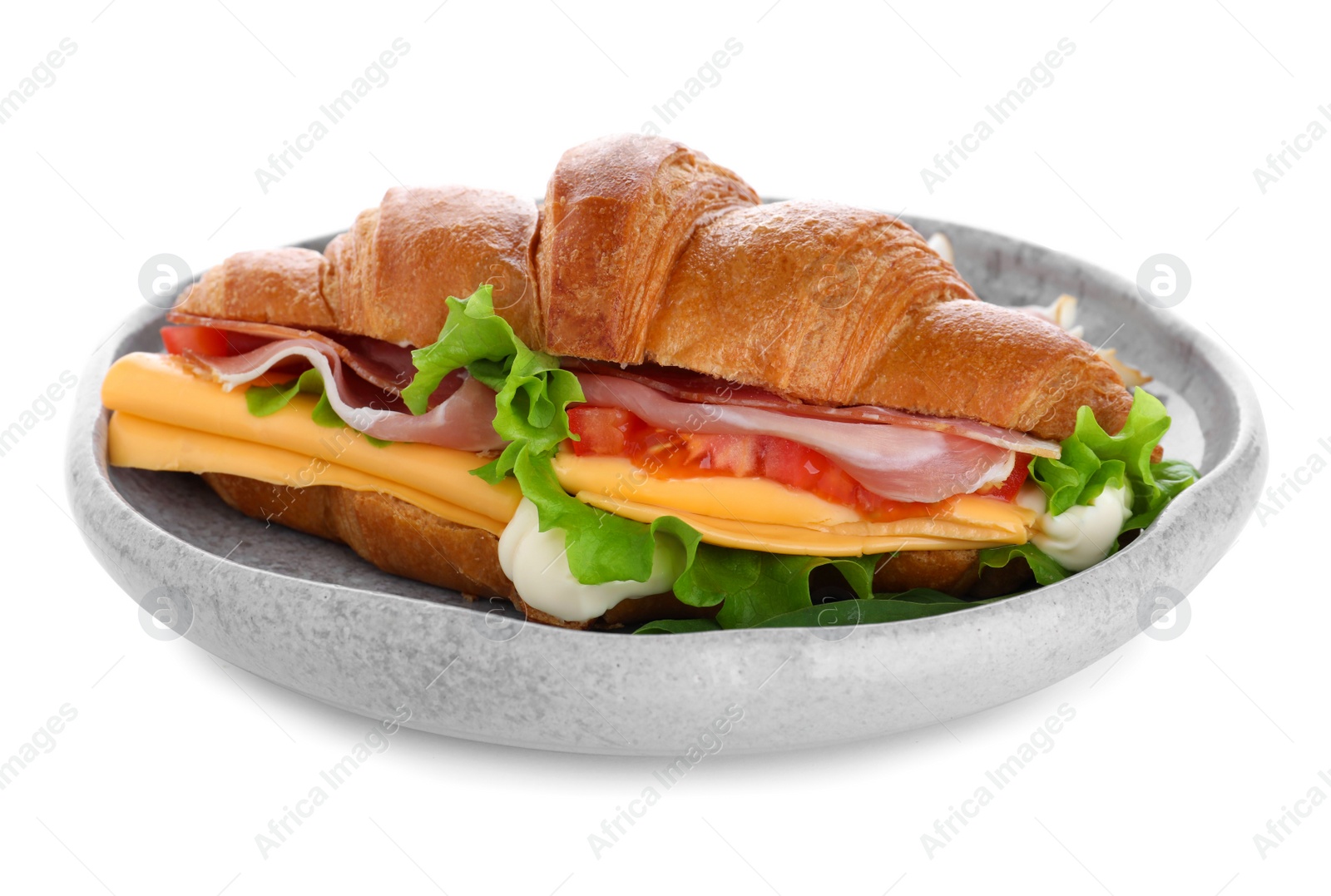 Photo of Plate with tasty croissant sandwich isolated on white
