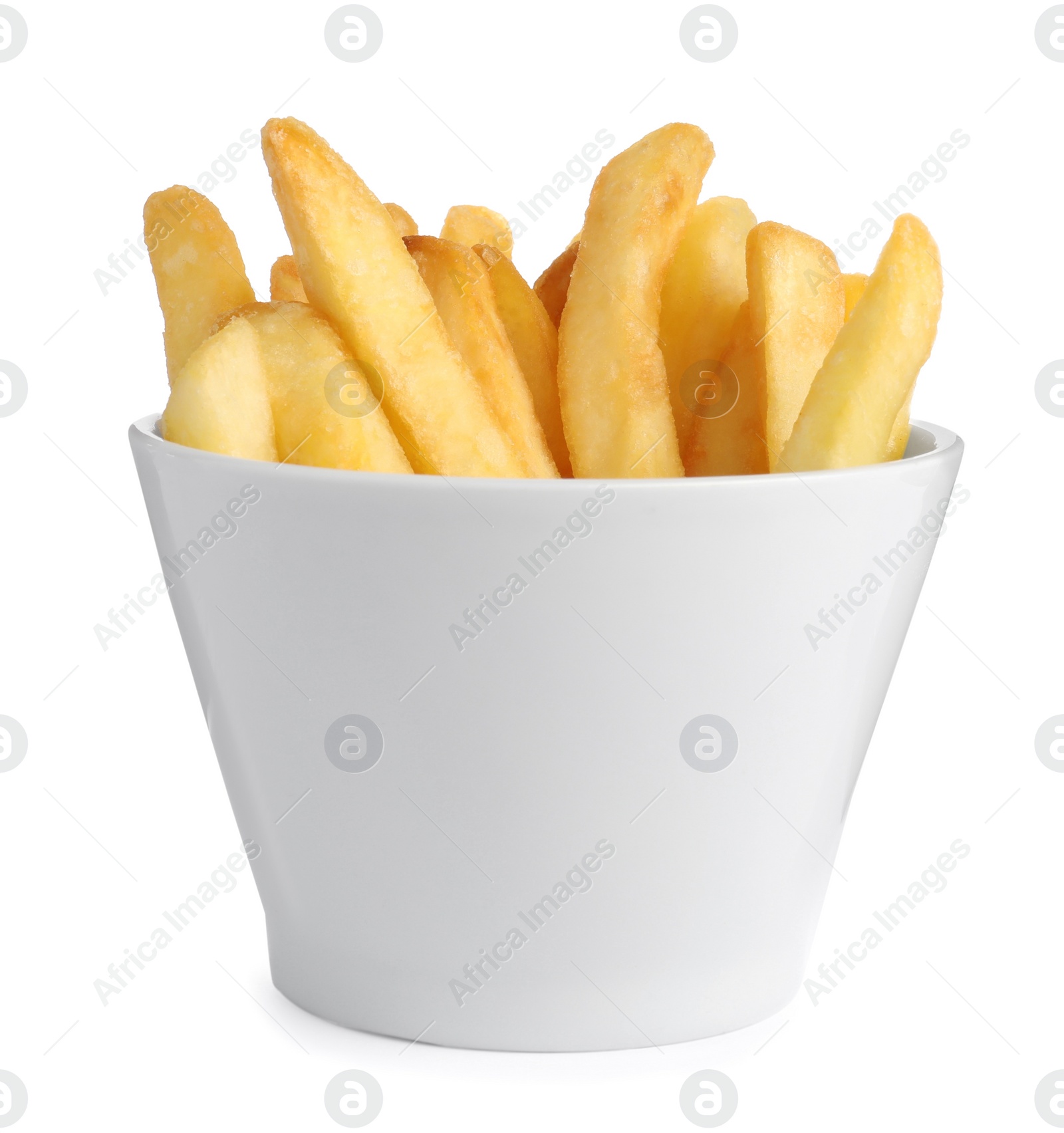 Photo of Bowl with tasty French fries on white background