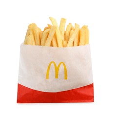 MYKOLAIV, UKRAINE - AUGUST 11, 2021: Small portion of McDonald's French fries isolated on white, top view
