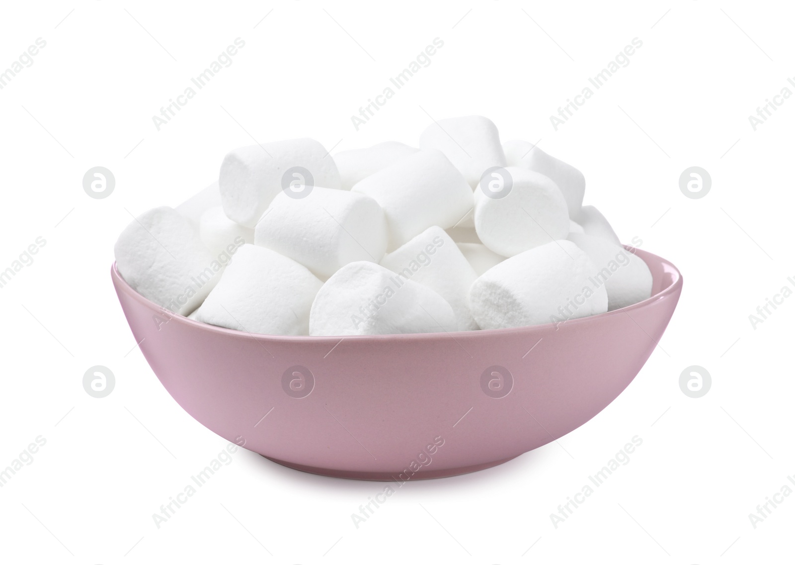 Photo of Delicious puffy marshmallows in bowl on white background