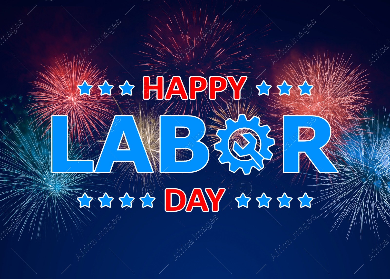 Image of Happy Labor Day. Beautiful bright fireworks lighting up night sky