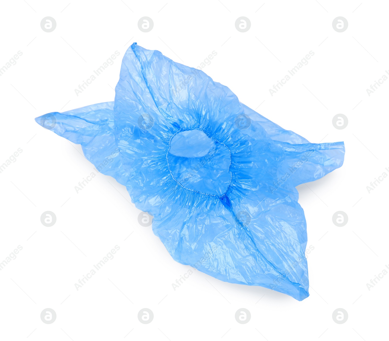 Photo of Blue medical shoe covers isolated on white, top view