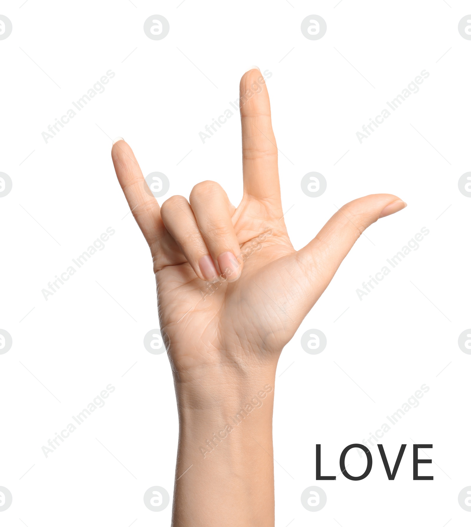 Image of Woman showing word Love on white background, closeup. American sign language