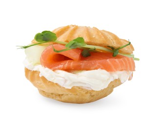 Photo of Delicious profiterole with cream cheese and salmon isolated on white