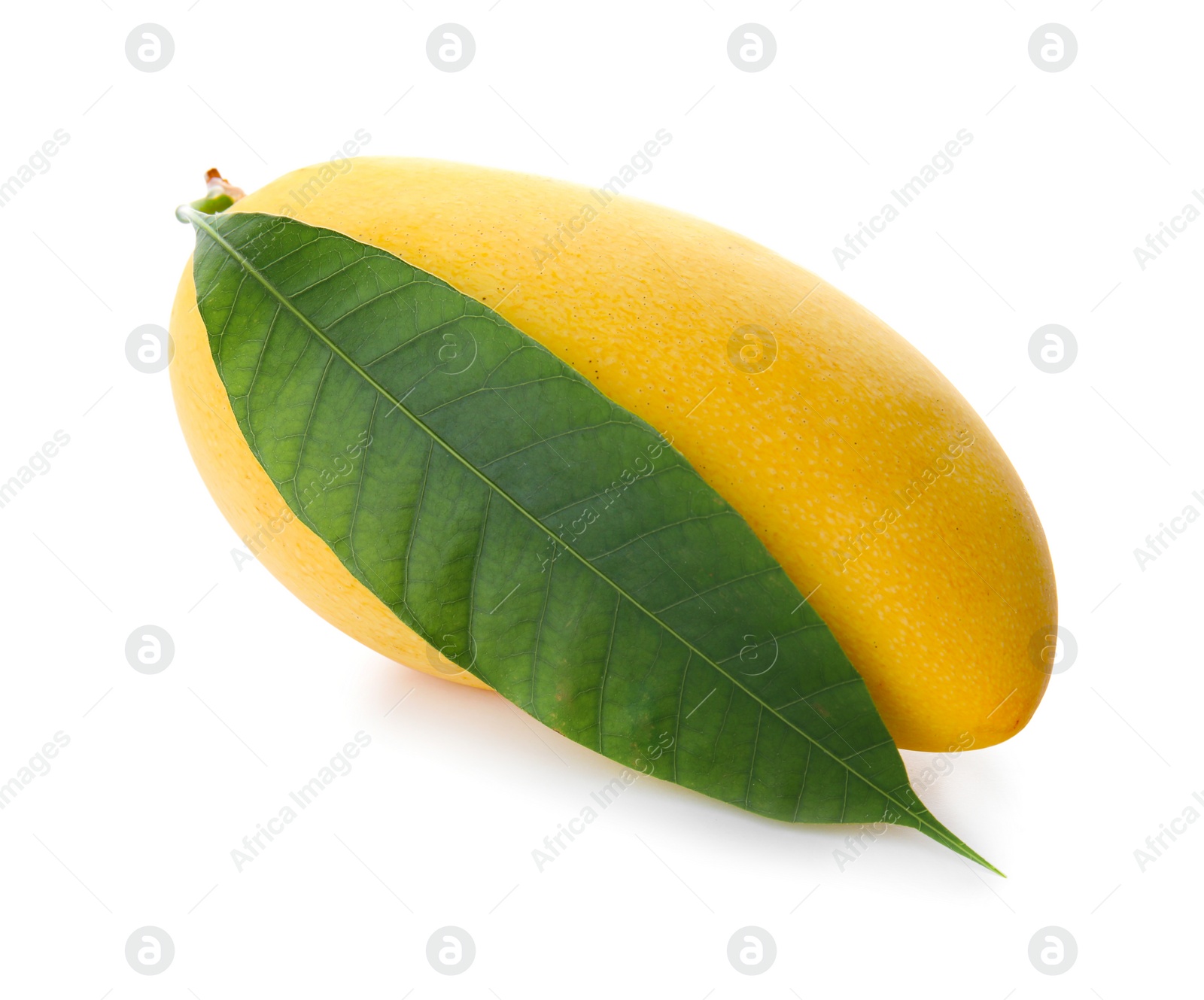 Photo of Fresh ripe mango with green leaf isolated on white