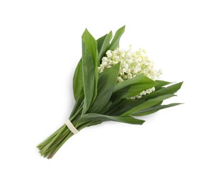 Photo of Beautiful lily of the valley bouquet on white background, top view