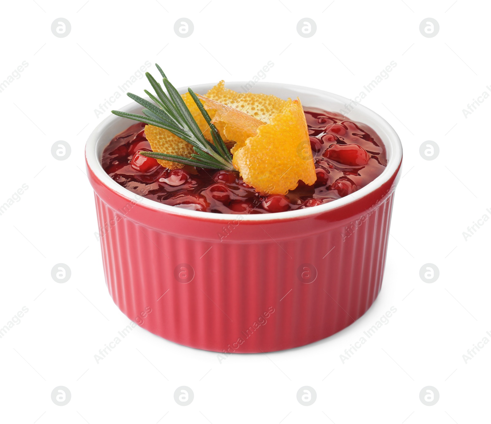 Photo of Fresh cranberry sauce in bowl, rosemary and orange peel isolated on white