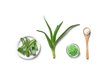 Photo of Flat lay composition with aloe vera on white background