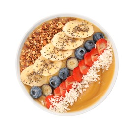 Delicious smoothie bowl with fresh berries, banana, coconut flakes and granola on white background, top view