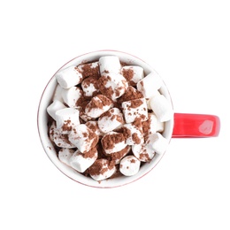 Cup of tasty cocoa with marshmallows on white background, top view