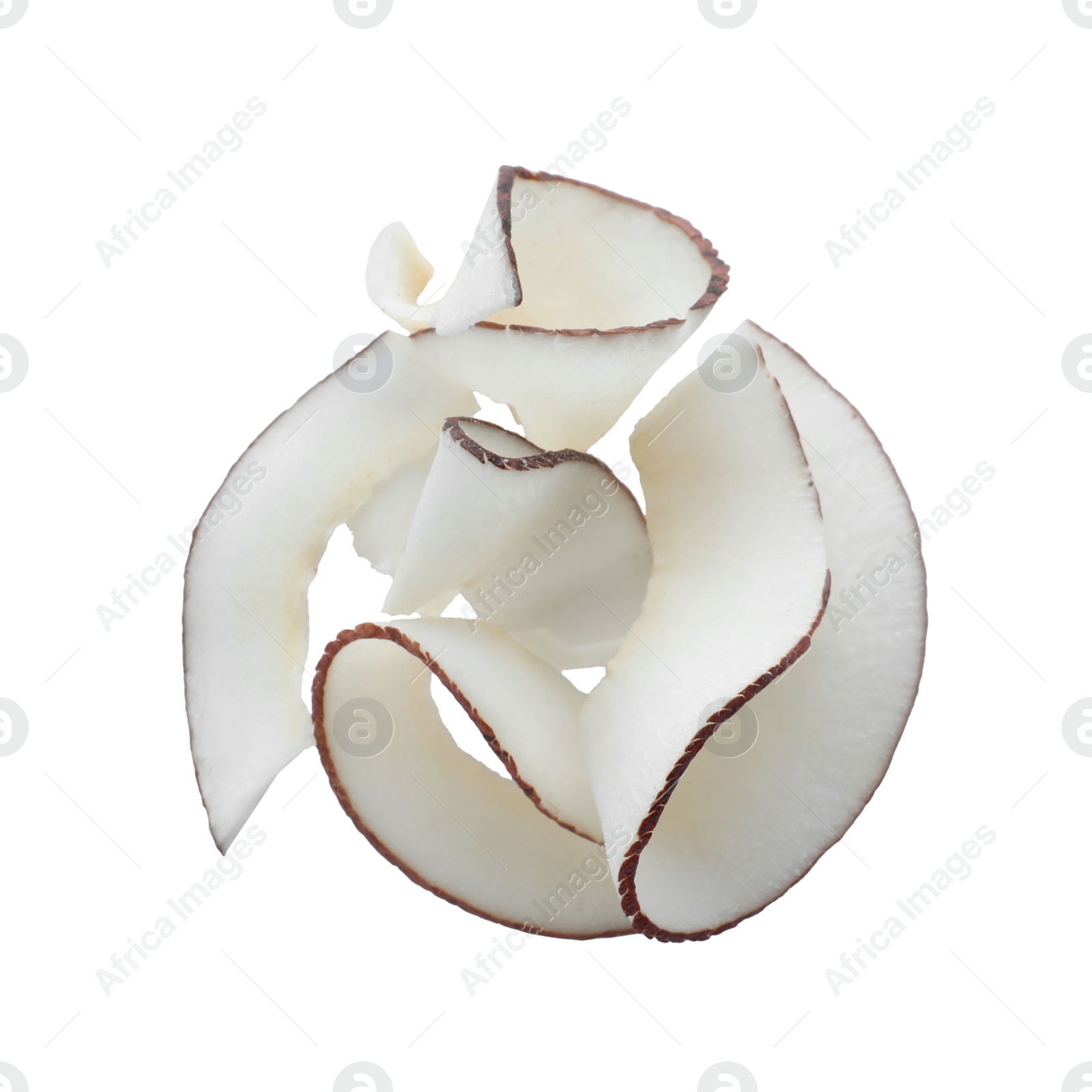 Photo of Pile of fresh coconut flakes isolated on white, top view