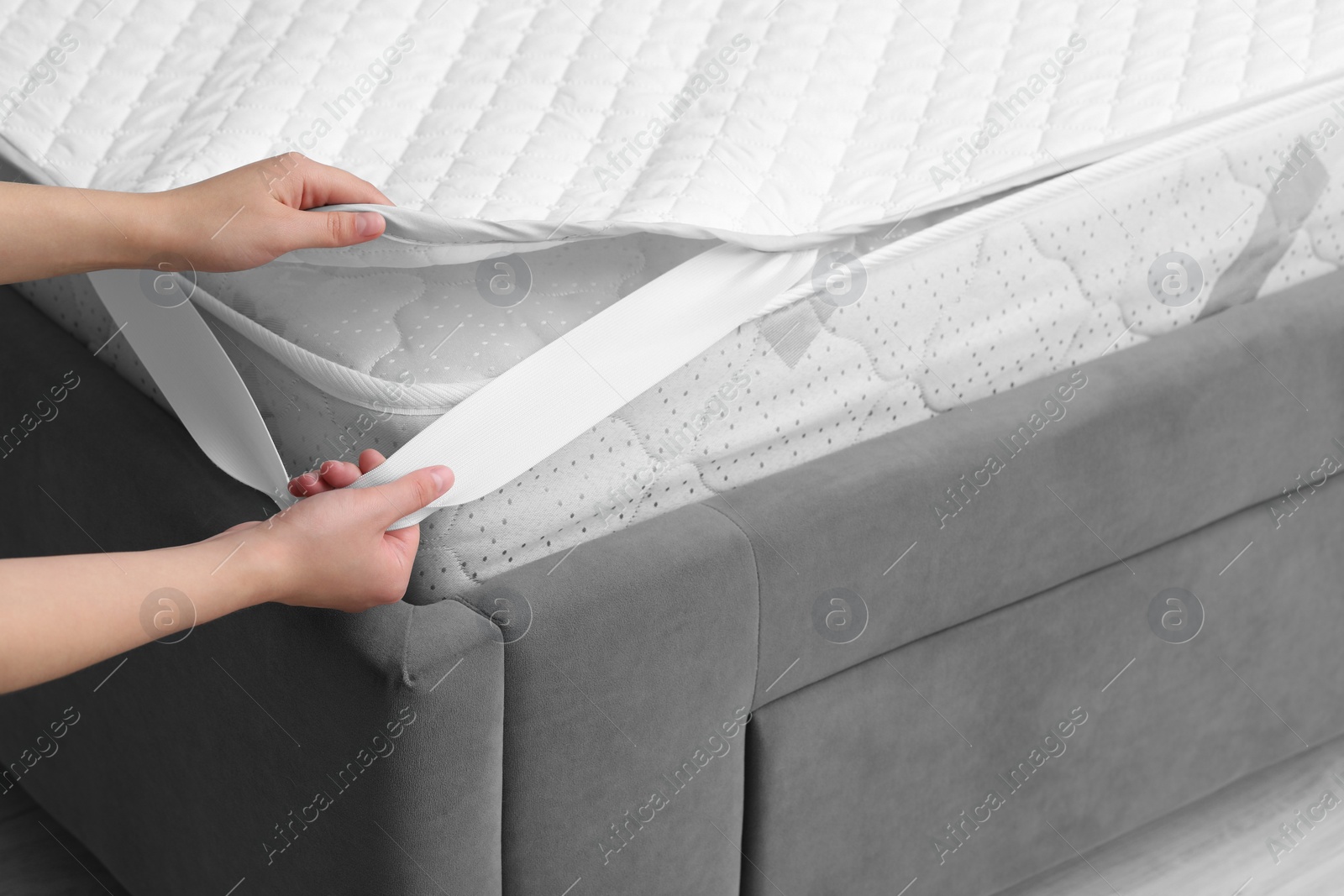 Photo of Woman putting protector on mattress, closeup view