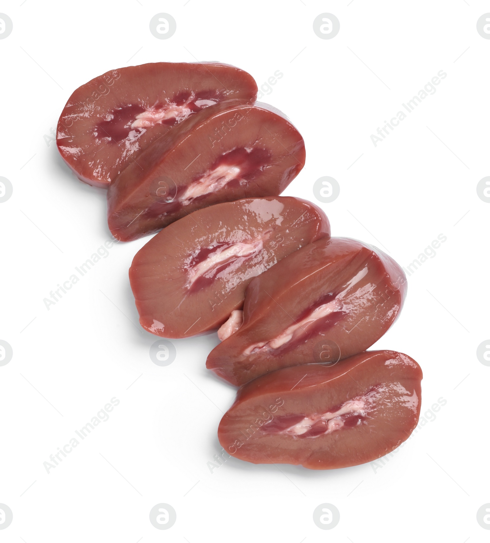 Photo of Cut fresh raw pork kidney on white background