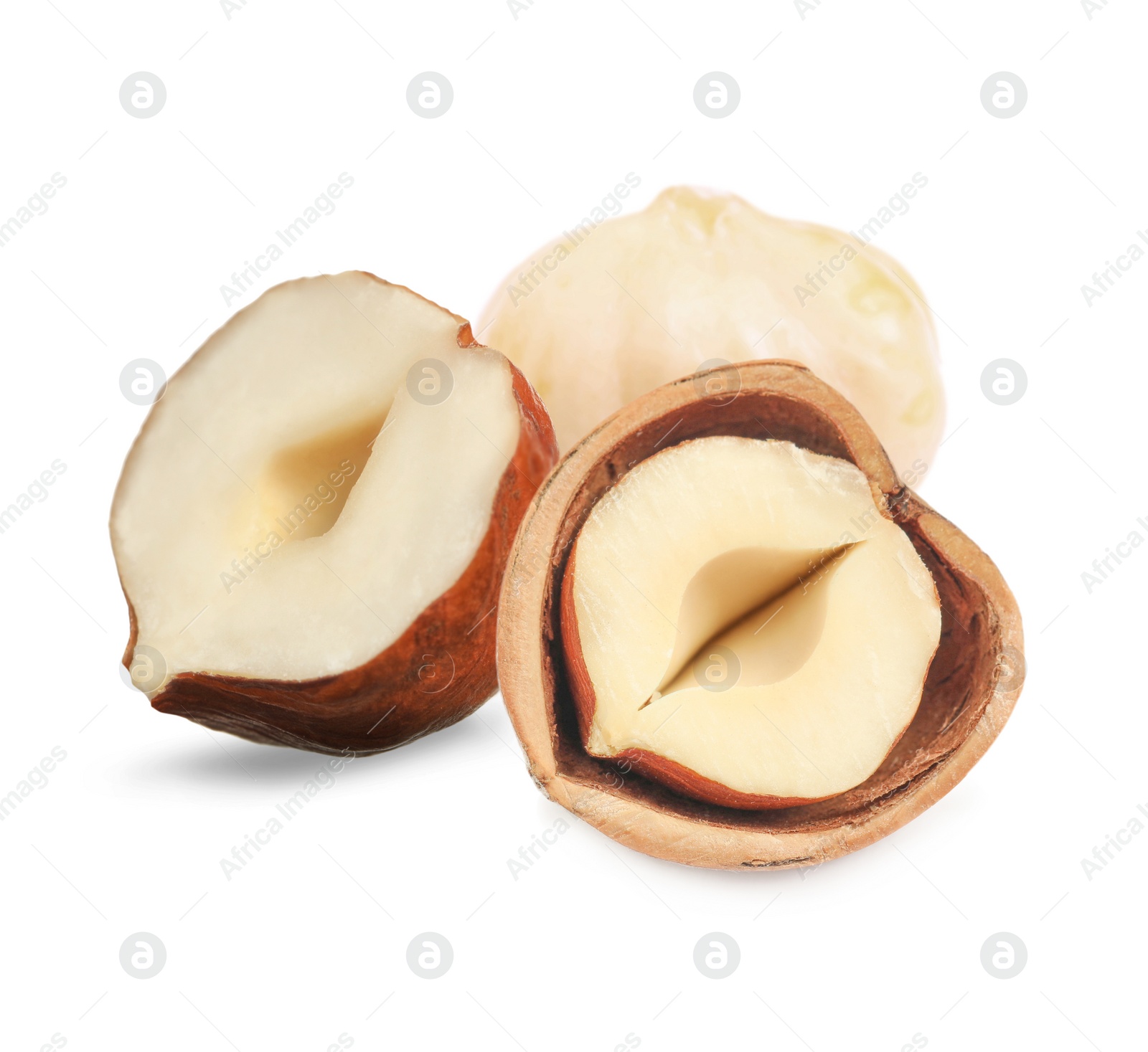 Image of Tasty organic hazelnuts on white background. Healthy snack