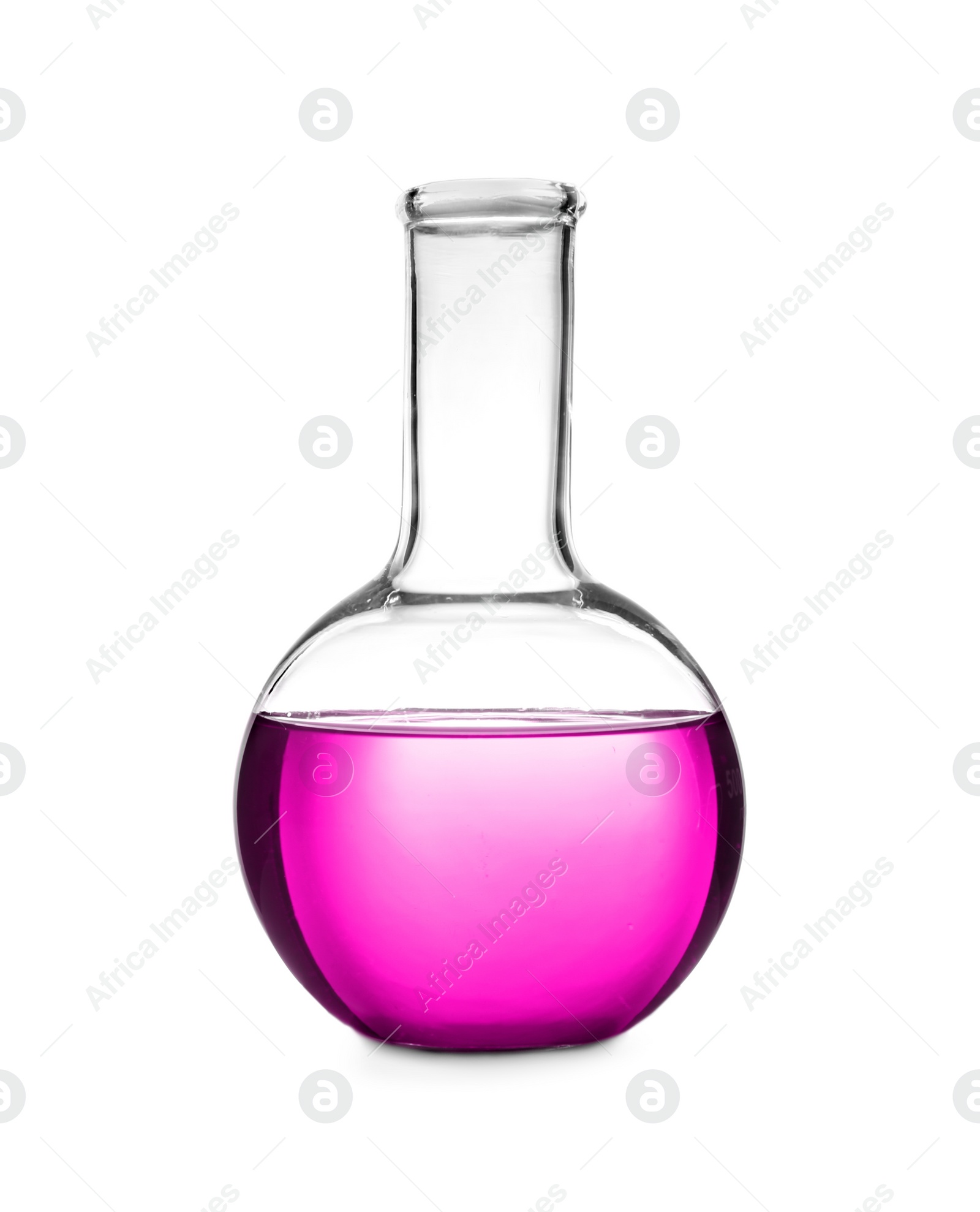 Image of Boiling flask with pink liquid isolated on white. Laboratory glassware