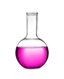 Boiling flask with pink liquid isolated on white. Laboratory glassware