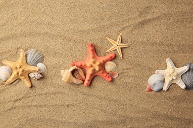Photo of Beautiful sea stars and shells on sand, flat lay