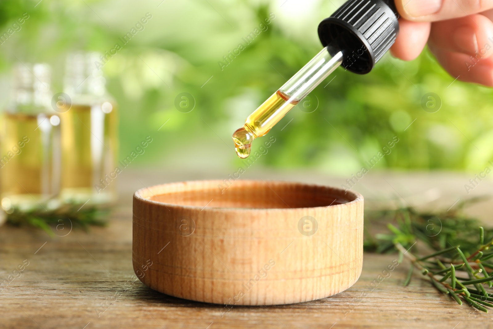 Photo of Woman dripping natural tea tree oil in bowl on table, closeup