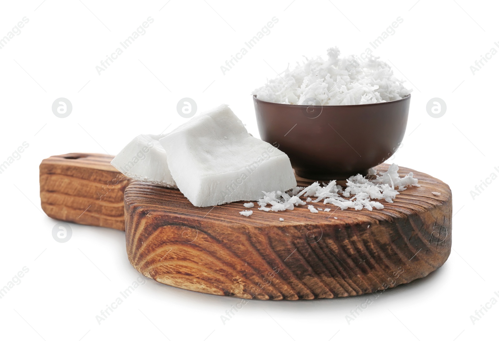 Photo of Composition with fresh coconut flakes on white background