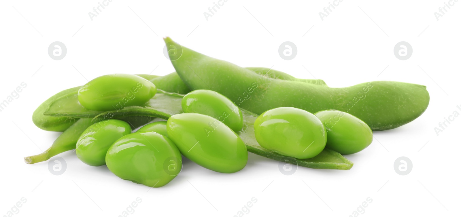 Photo of Fresh green edamame pods and beans on white background