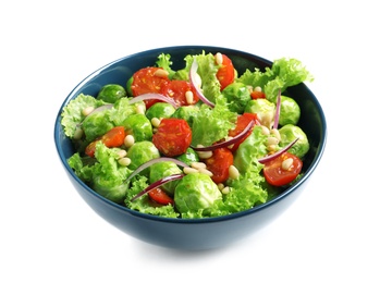 Bowl of salad with Brussels sprouts on white background