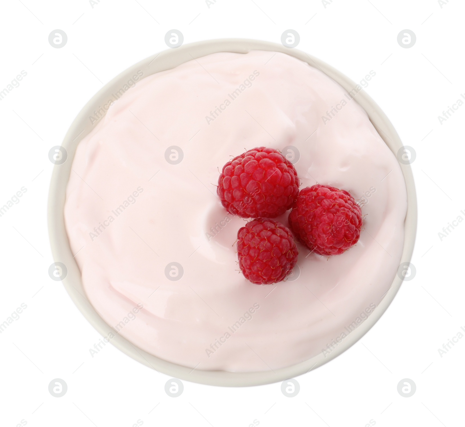 Photo of Bowl of delicious yogurt with raspberries isolated on white, top view