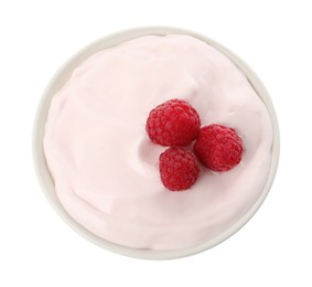 Bowl of delicious yogurt with raspberries isolated on white, top view