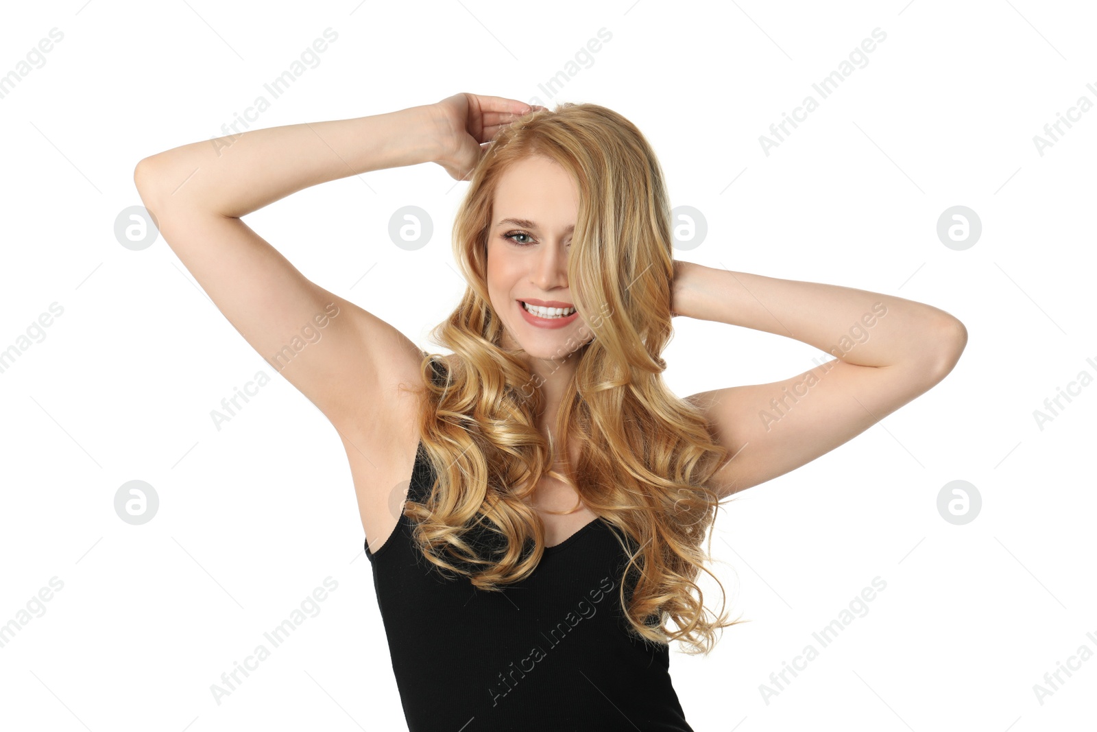 Photo of Portrait of beautiful young woman with dyed long hair on white background