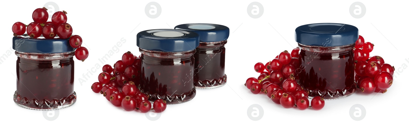 Image of Set with jars of tasty jam on white background. Banner design 