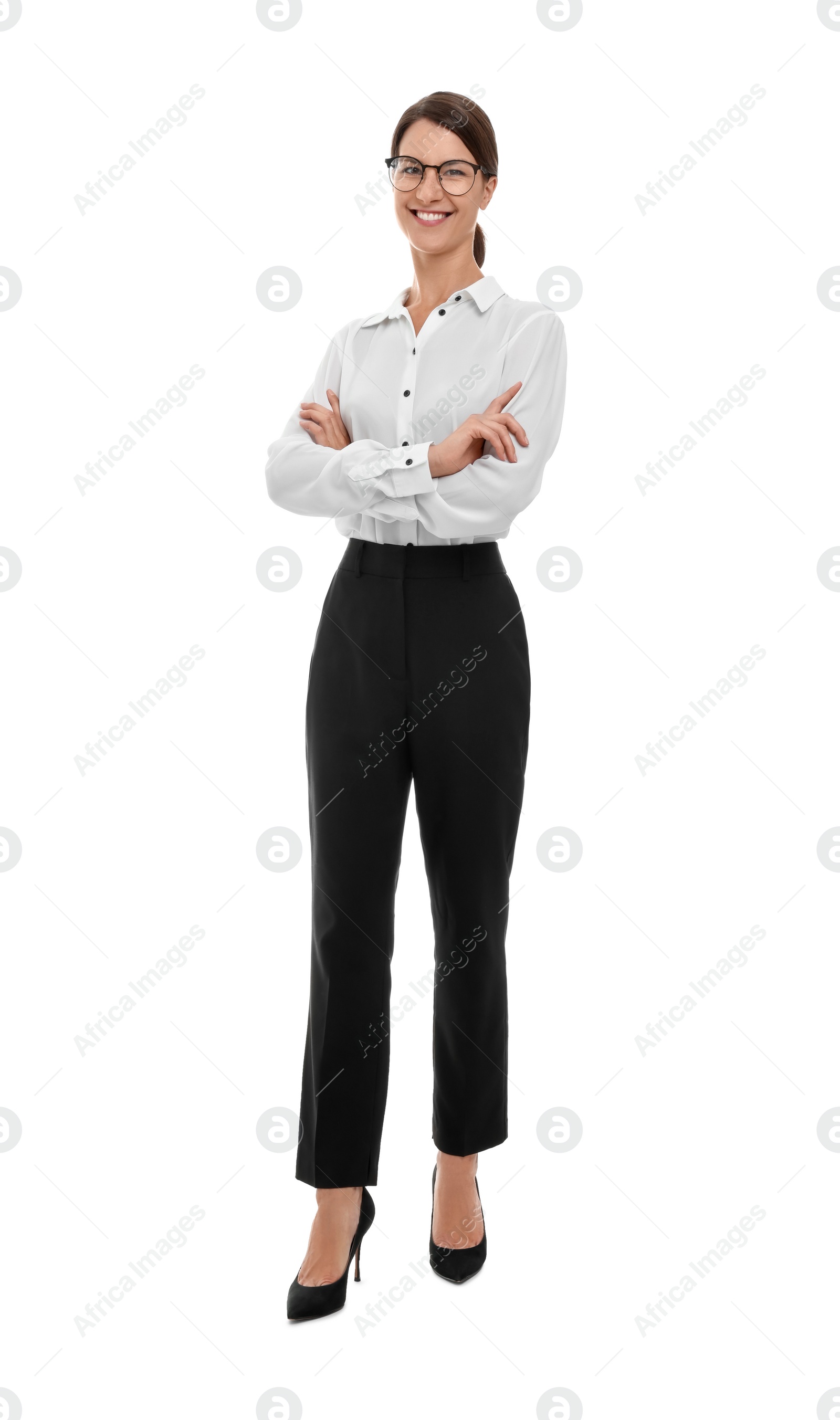 Photo of Happy secretary with crossed arms isolated on white