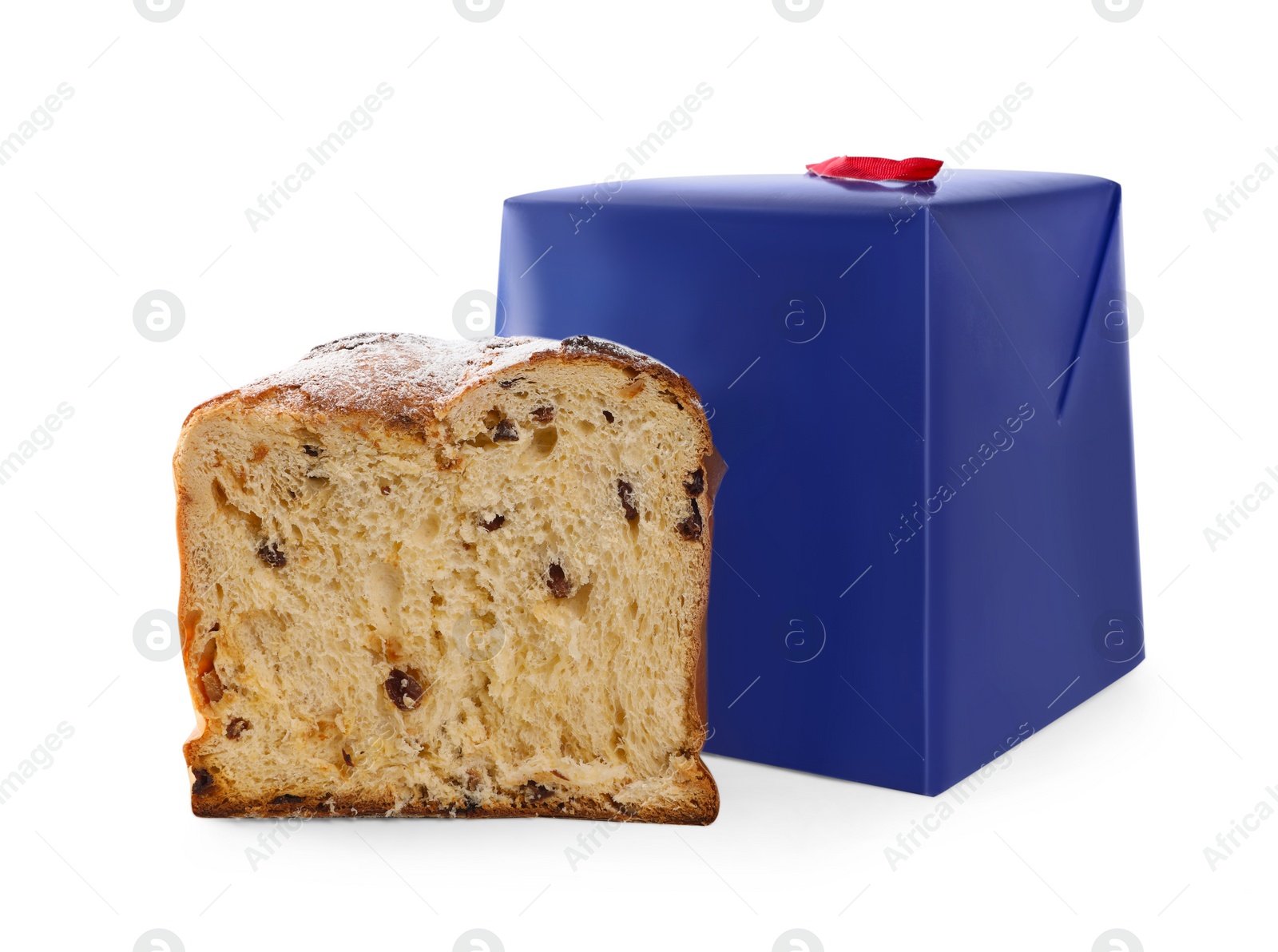 Photo of Half of delicious Panettone cake with powdered sugar and box on white background. Traditional Italian pastry