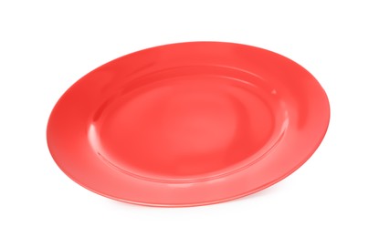 Clean empty red plate isolated on white
