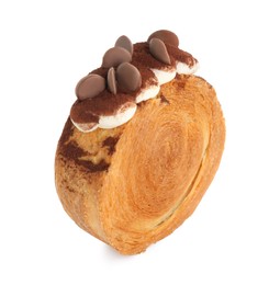 Photo of Round croissant with chocolate chips and cream isolated on white. Tasty puff pastry