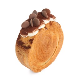 Round croissant with chocolate chips and cream isolated on white. Tasty puff pastry