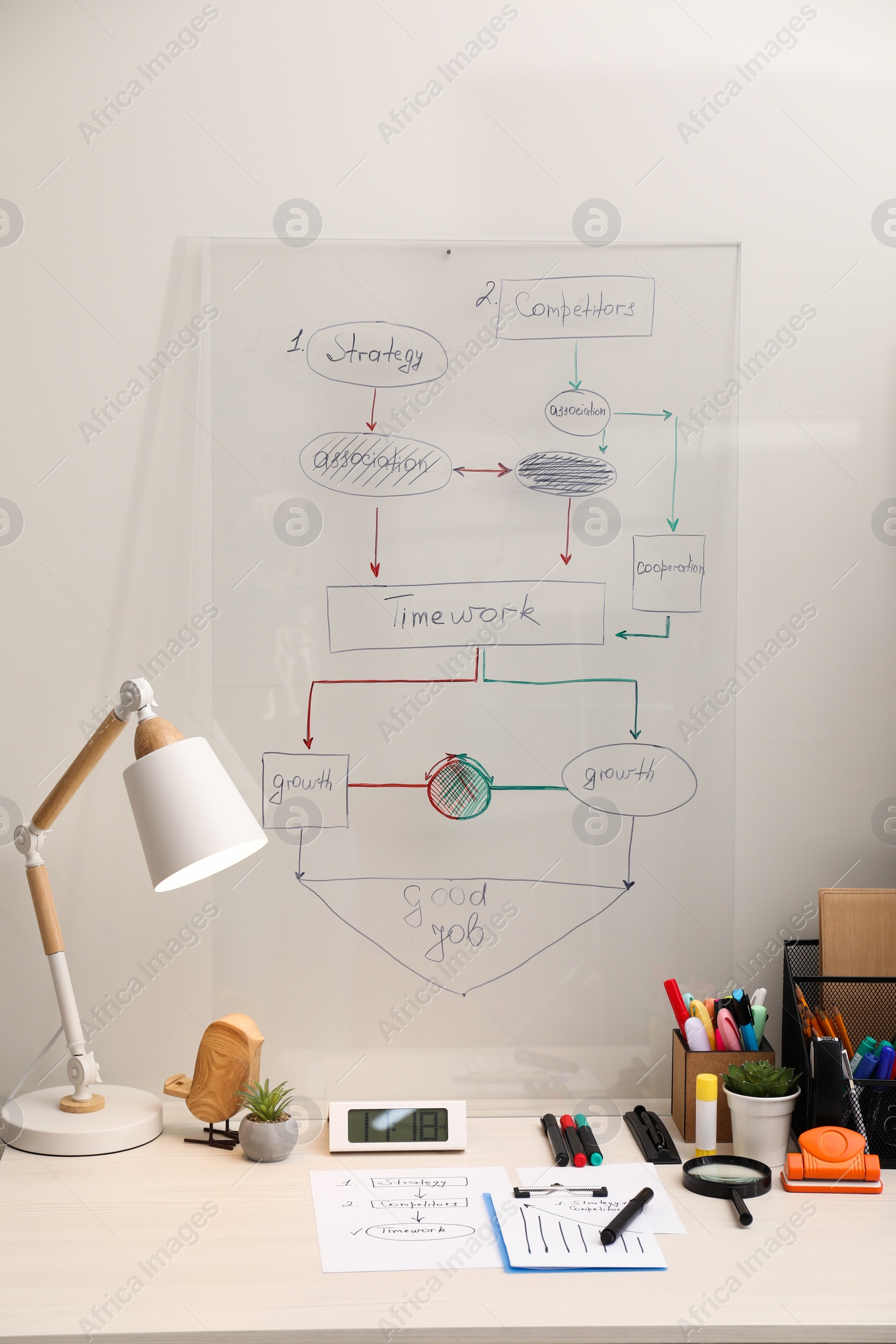 Photo of Business process planning and optimization. Workplace with lamp, notebook and other stationery on white wooden table
