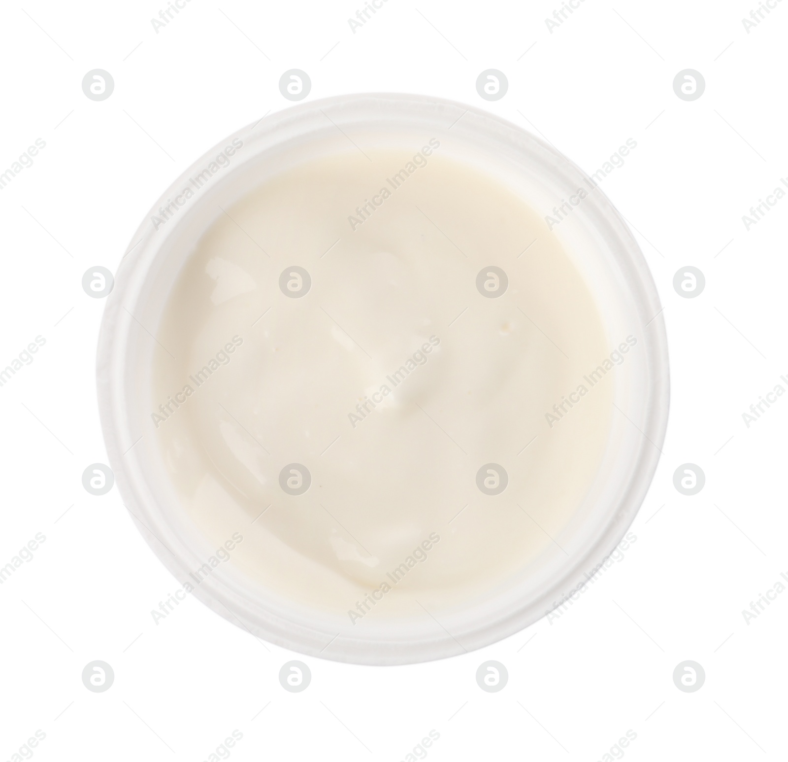 Photo of Plastic cup with delicious organic yogurt isolated on white, top view